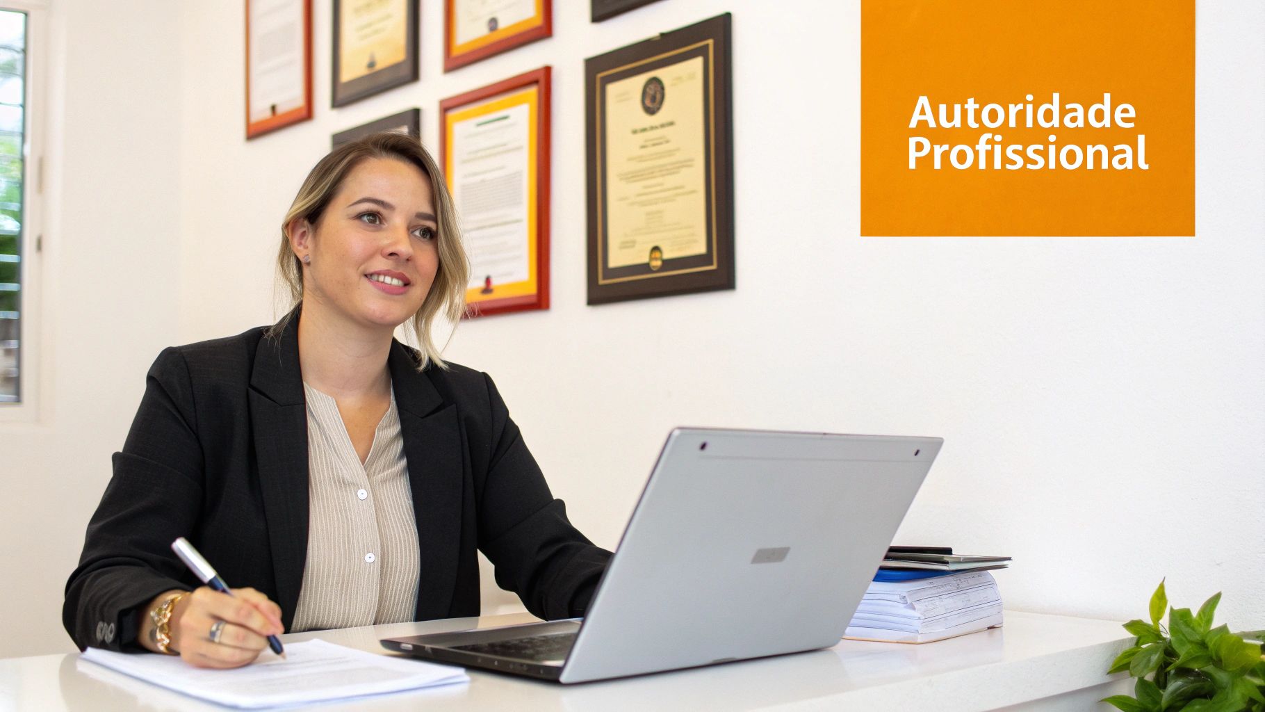 Mulher profissional sorridente trabalha em um escritório com laptop, documentos e certificados na parede, com texto 'Autoridade Profissional'.