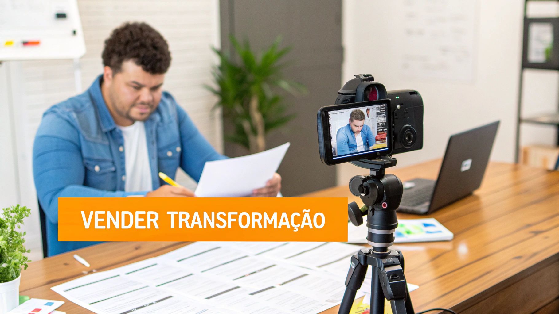Homem grava vídeo em mesa com documentos, enquanto câmera exibe sua imagem no monitor, com banner 'VENDER TRANSFORMAÇÃO'.