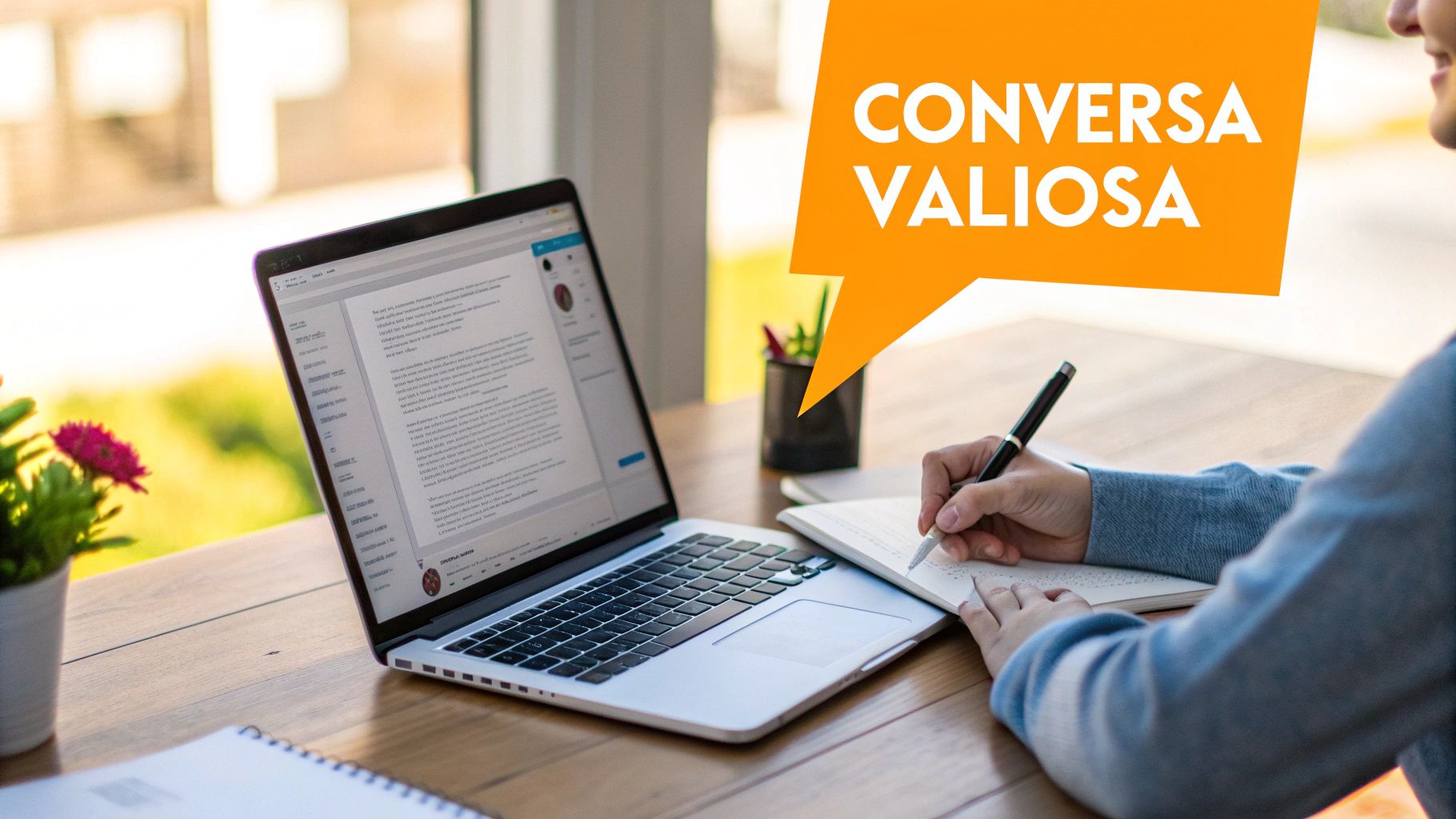 Pessoa escrevendo em um caderno ao lado de um laptop, com balão de fala exibindo 'CONVERSA VALIOSA'.