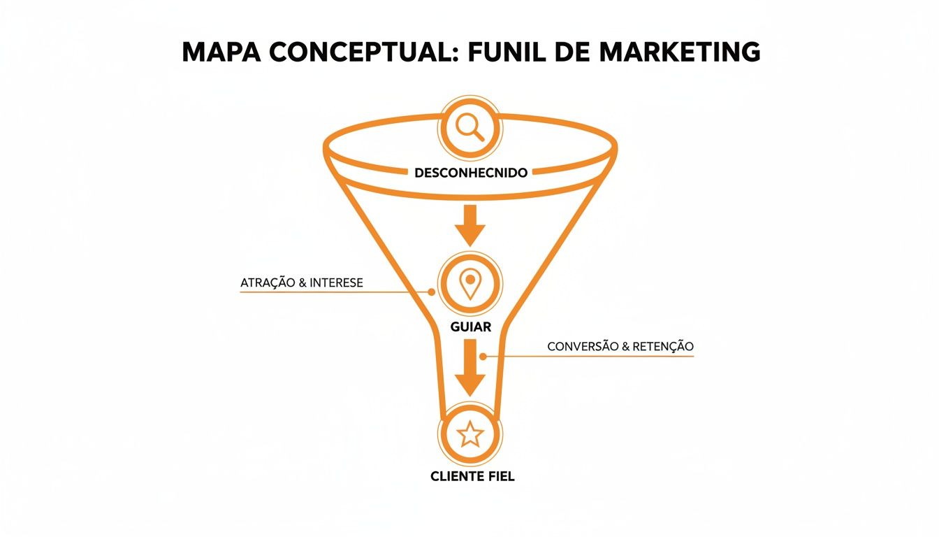 Diagrama de funil de marketing ilustrando as etapas desde o desconhecido até o cliente fiel.
