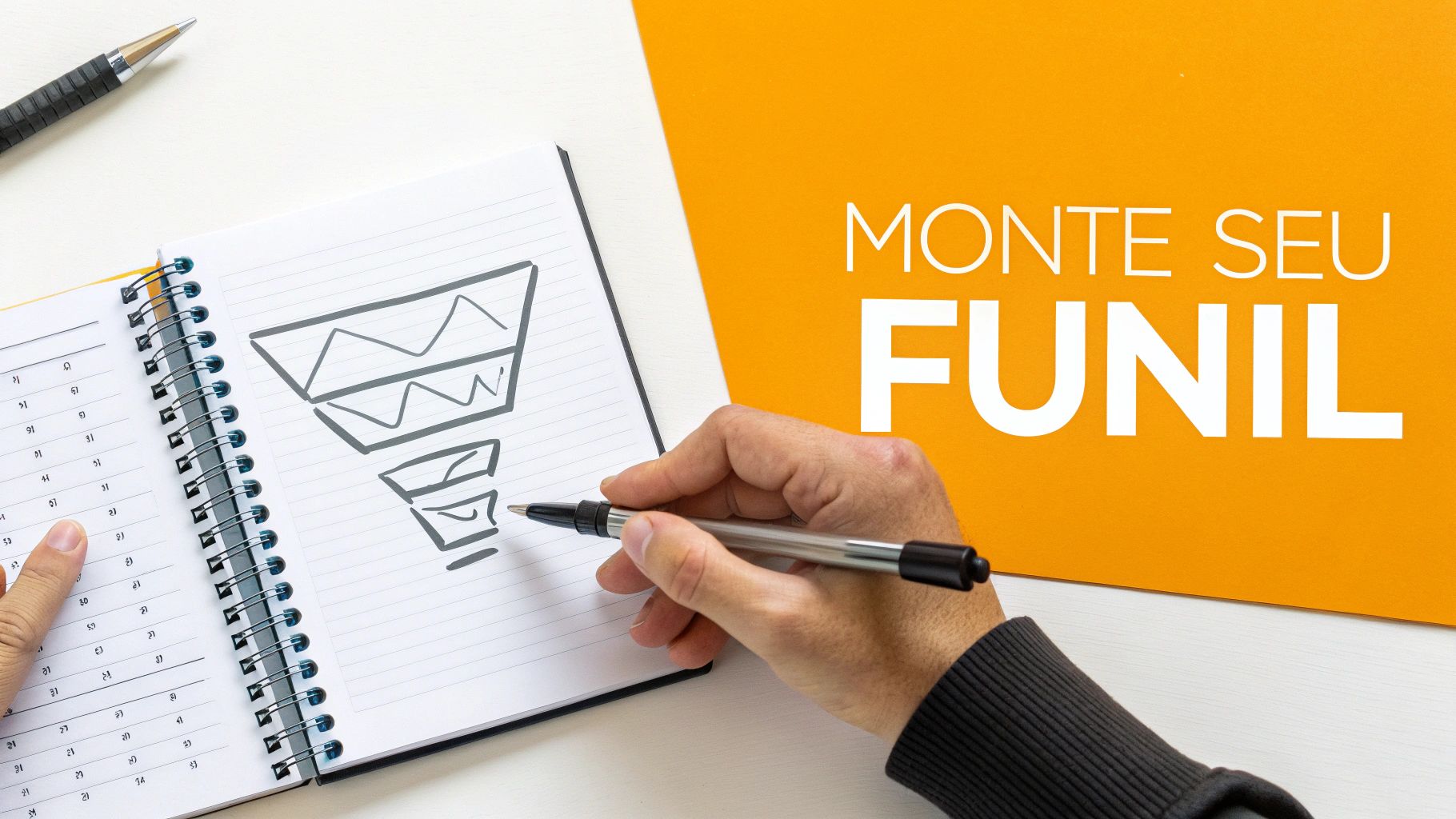 Uma pessoa a desenhar um funil de vendas num quadro branco