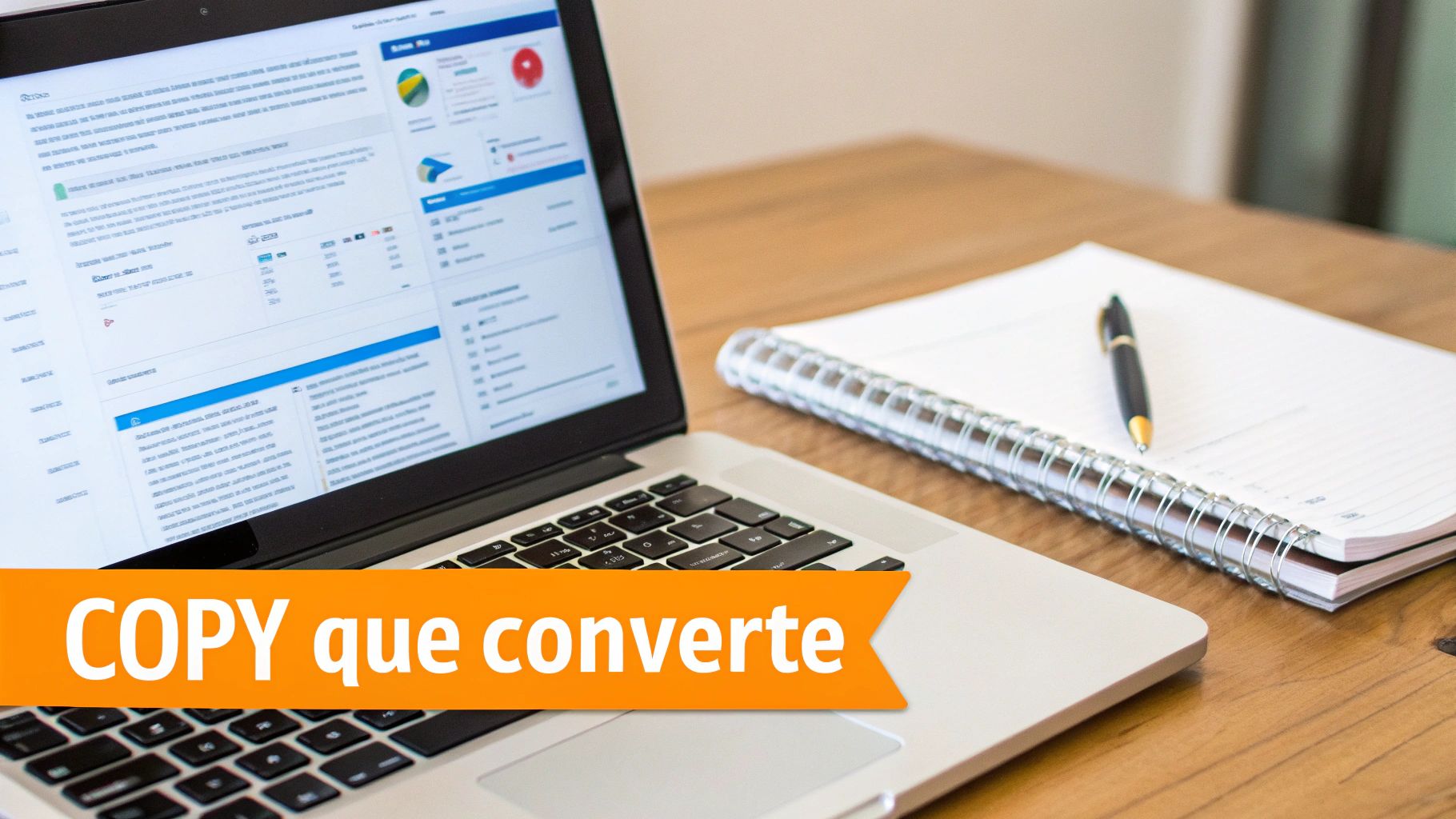 Um laptop com gráficos, caderno e caneta em mesa de madeira, destacando a importância de 'COPY que converte'.