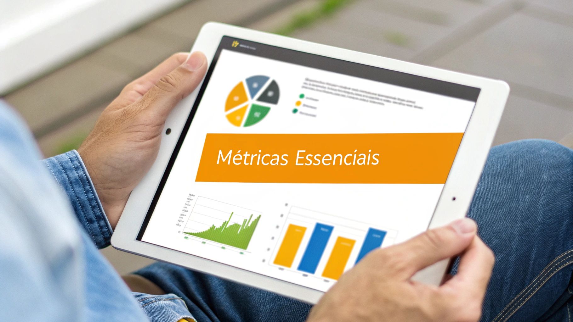 Pessoa segurando um tablet com um gráfico de pizza, gráficos de barras e o título 'Métricas Essenciais'.