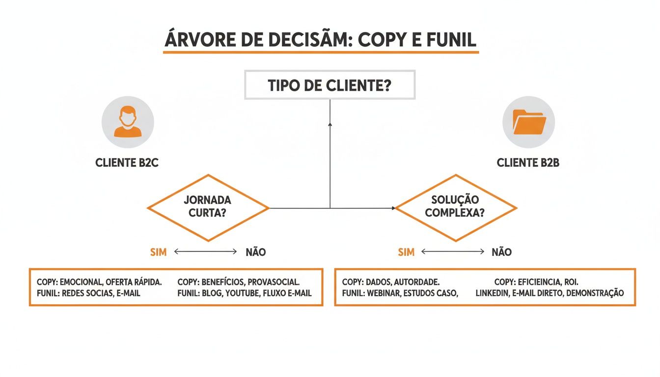 Diagrama de árvore de decisão para estratégias de copy e funil, diferenciando abordagens para clientes B2C e B2B.