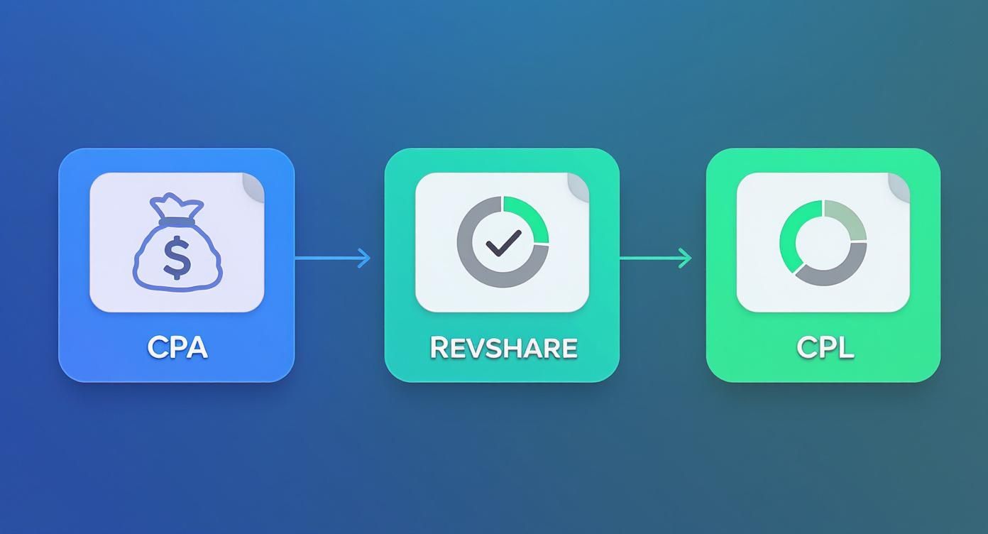 Infográfico a ilustrar os modelos de comissão CPA, Revshare e CPL.