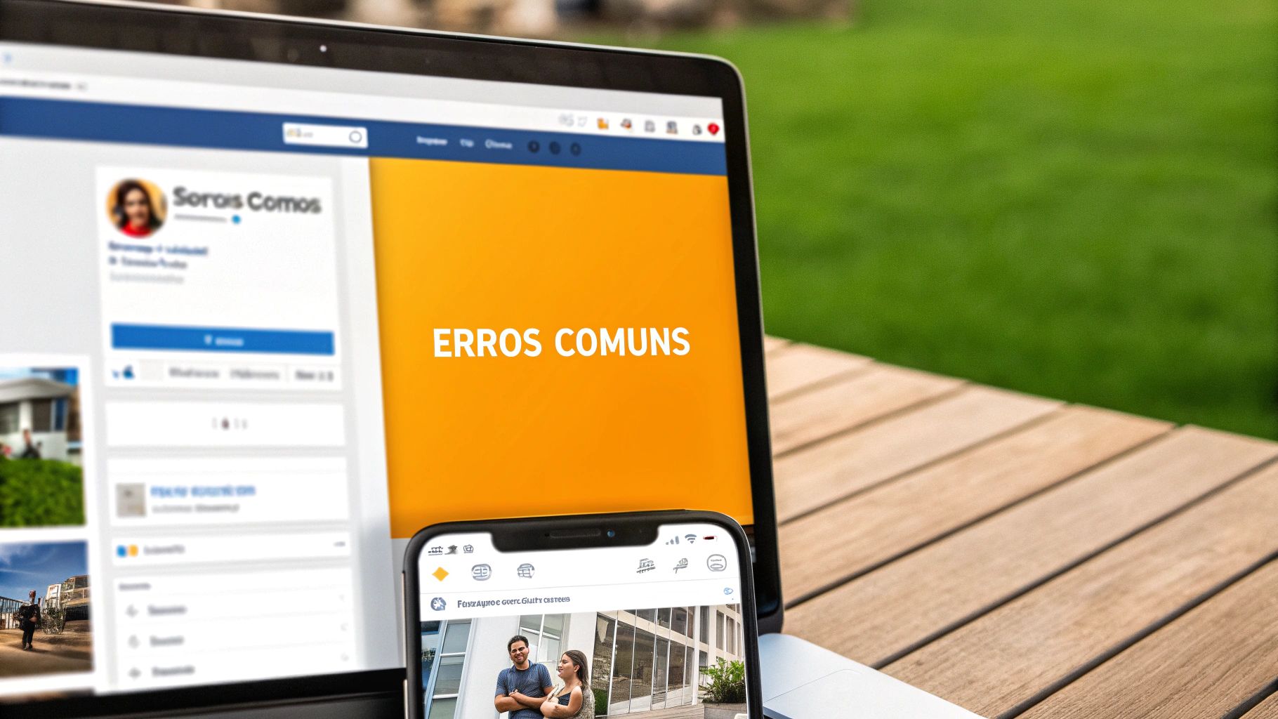 Laptop e smartphone em mesa de madeira, exibindo perfis de redes sociais e a frase 'ERROS COMUNS'.