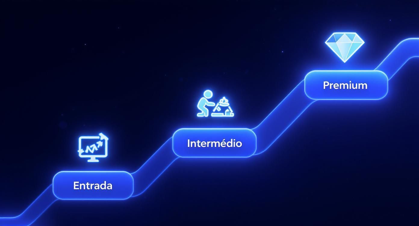 Caminho de progresso digital com três níveis: Entrada, Intermédio e Premium, cada um com ícone representativo.