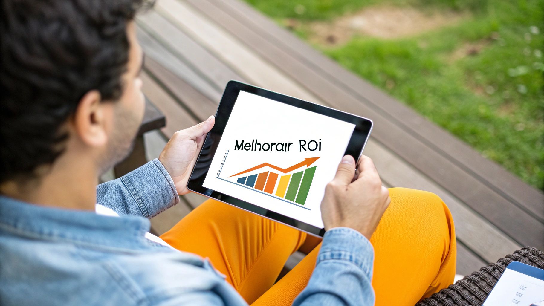 Homem segura tablet exibindo gráfico de barras e seta ascendente com 'Melhorar ROI', simbolizando crescimento financeiro.