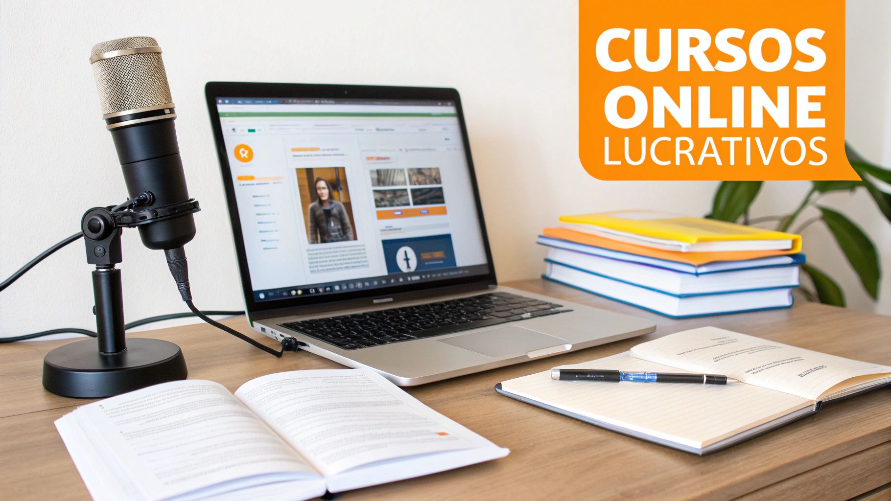 Mesa de trabalho equipada com laptop, microfone, livros e cadernos, ideal para criação de cursos online lucrativos.