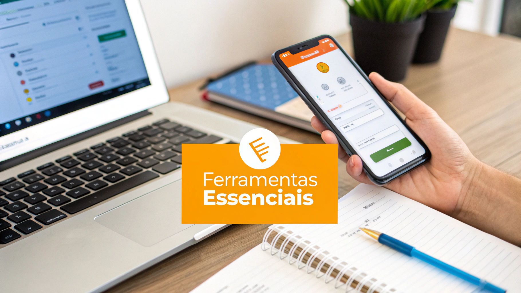 Mão segurando smartphone com aplicativo, laptop, caderno e caneta na mesa, com texto 'Ferramentas Essenciais'.
