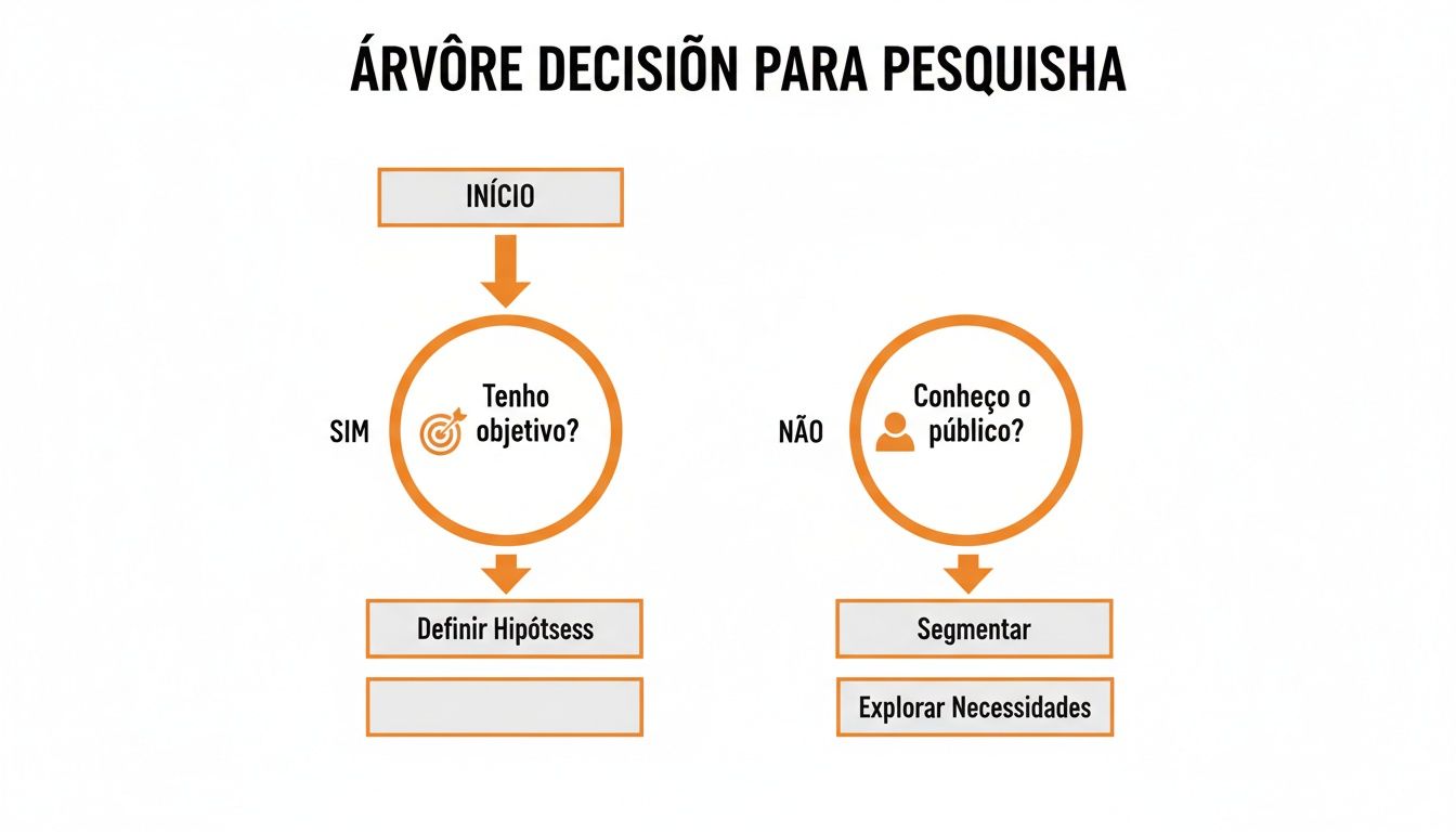 Fluxograma de árvore de decisão para pesquisa, abordando definição de objetivos e conhecimento do público.