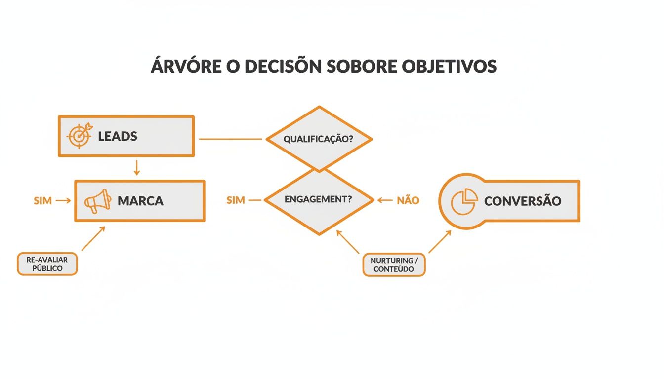 Fluxograma de árvore de decisão para objetivos de marketing, cobrindo leads, qualificação, engajamento e conversão.