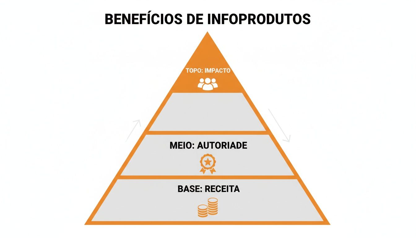 Infográfico em pirâmide detalhando os benefícios de infoprodutos: receita na base, autoridade no meio e impacto no topo, com ícones representativos.