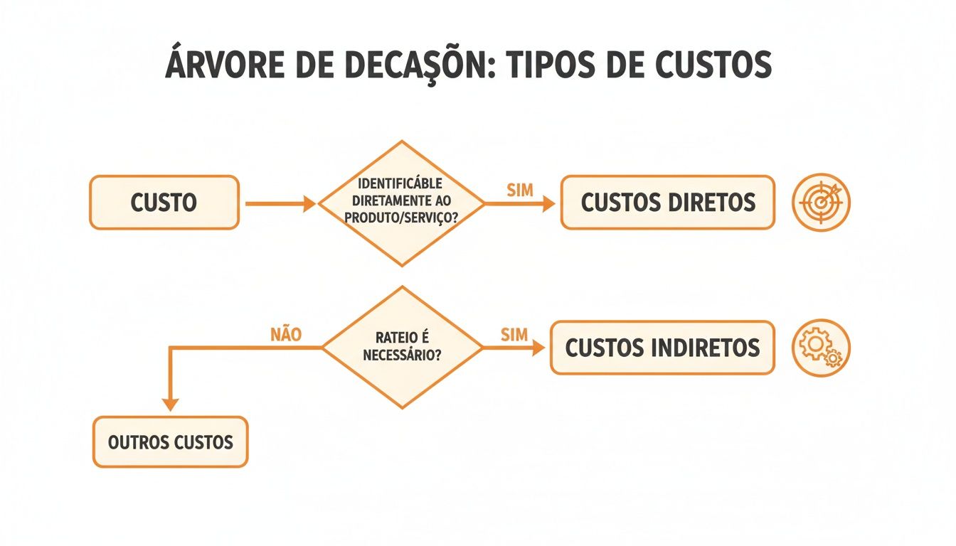 Fluxograma mostrando a classificação de custos em diretos, indiretos ou outros, baseado em identificação e rateio.