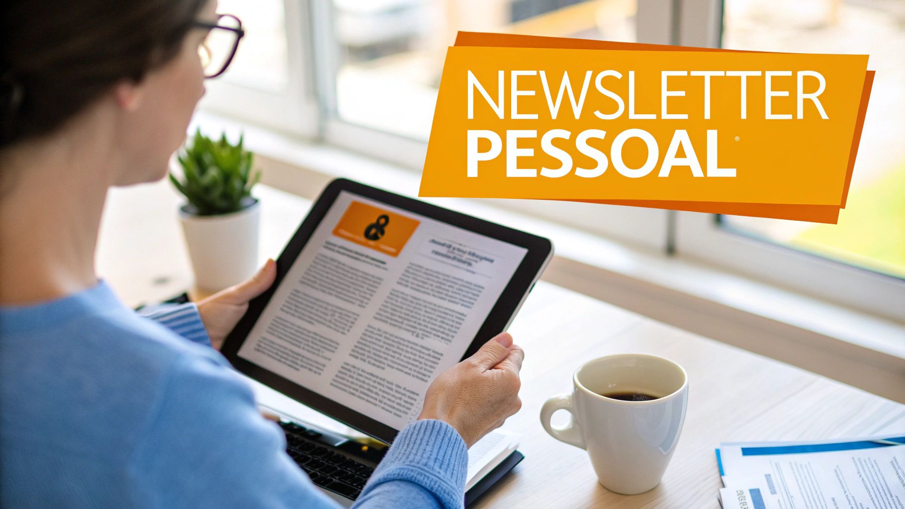 Pessoa lendo uma newsletter pessoal digital em um tablet, com um banner 'NEWSLETTER PESSOAL' flutuante.