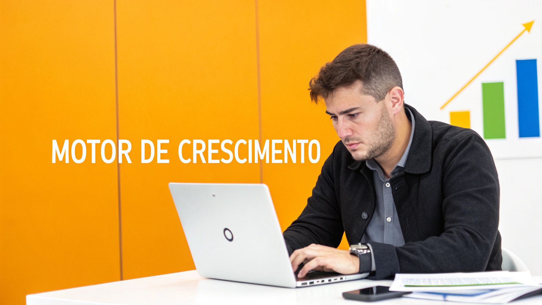Homem concentrado trabalhando em laptop, com texto 'MOTOR DE CRESCIMENTO' e gráfico de barras ascendente ao fundo.