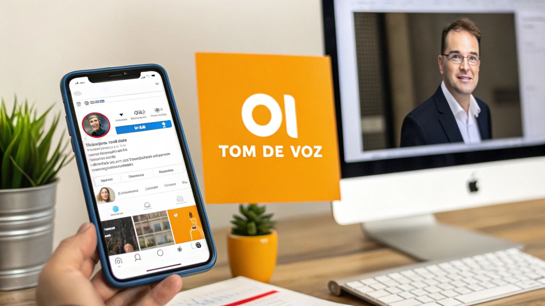 Smartphone exibindo perfil de usuário em rede social, ao lado de monitor com homem e logo 'oi TOM DE VOZ'.