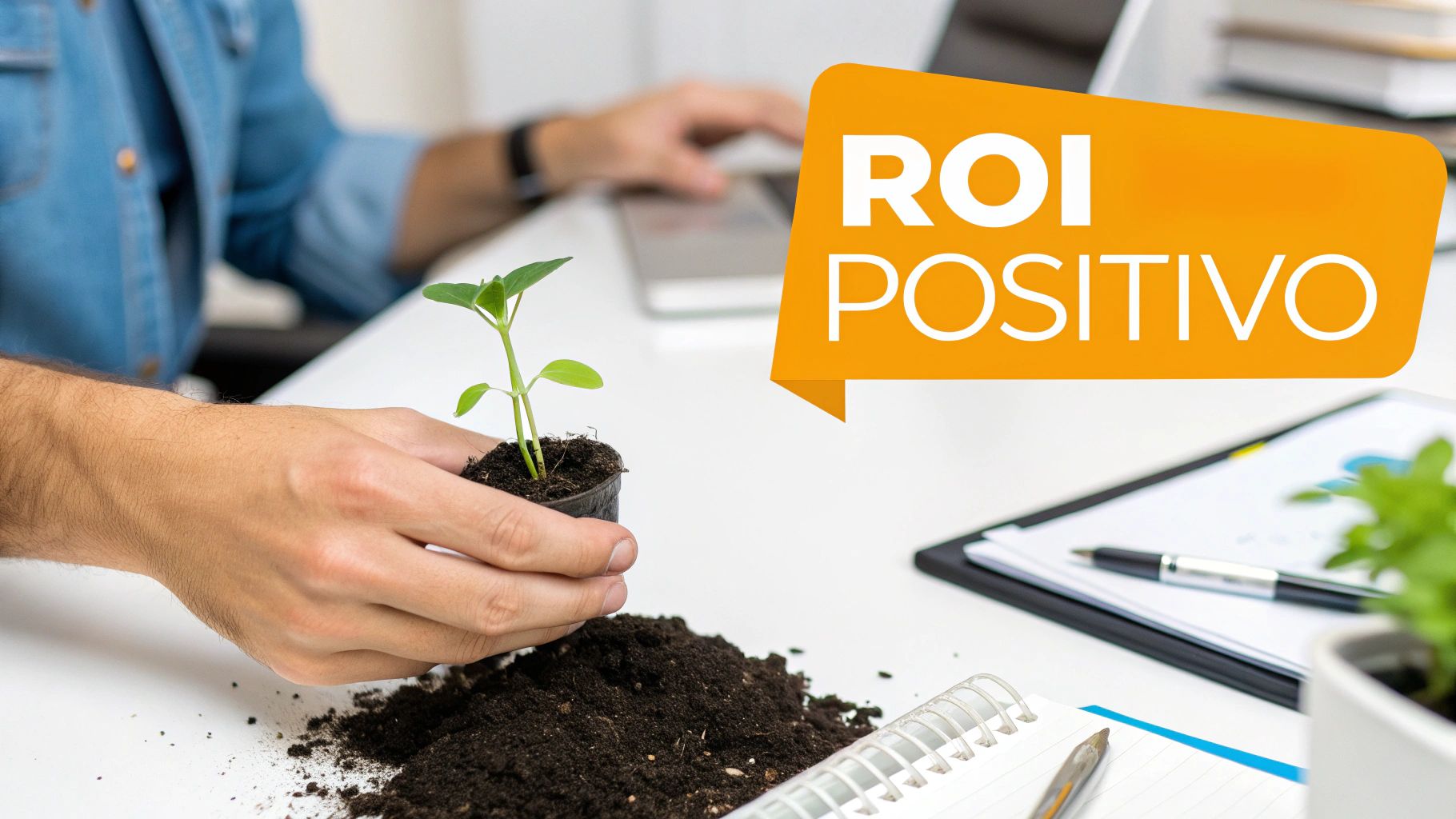 Mãos segurando uma muda de planta em um escritório, com a frase 'ROI POSITIVO' simbolizando crescimento.