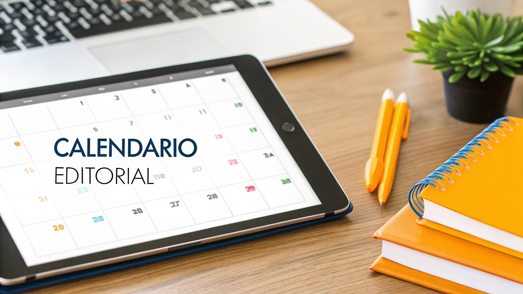 Tablet mostrando um calendário editorial digital em uma mesa de trabalho com laptop, canetas e cadernos.