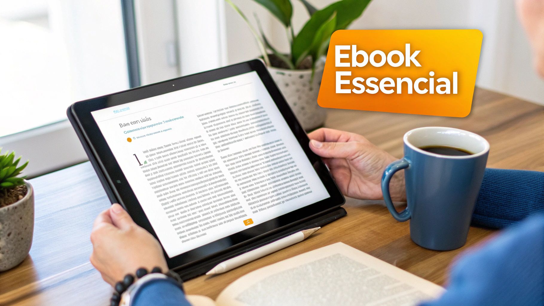 Pessoa lendo ebook essencial em tablet digital com café sobre mesa de madeira