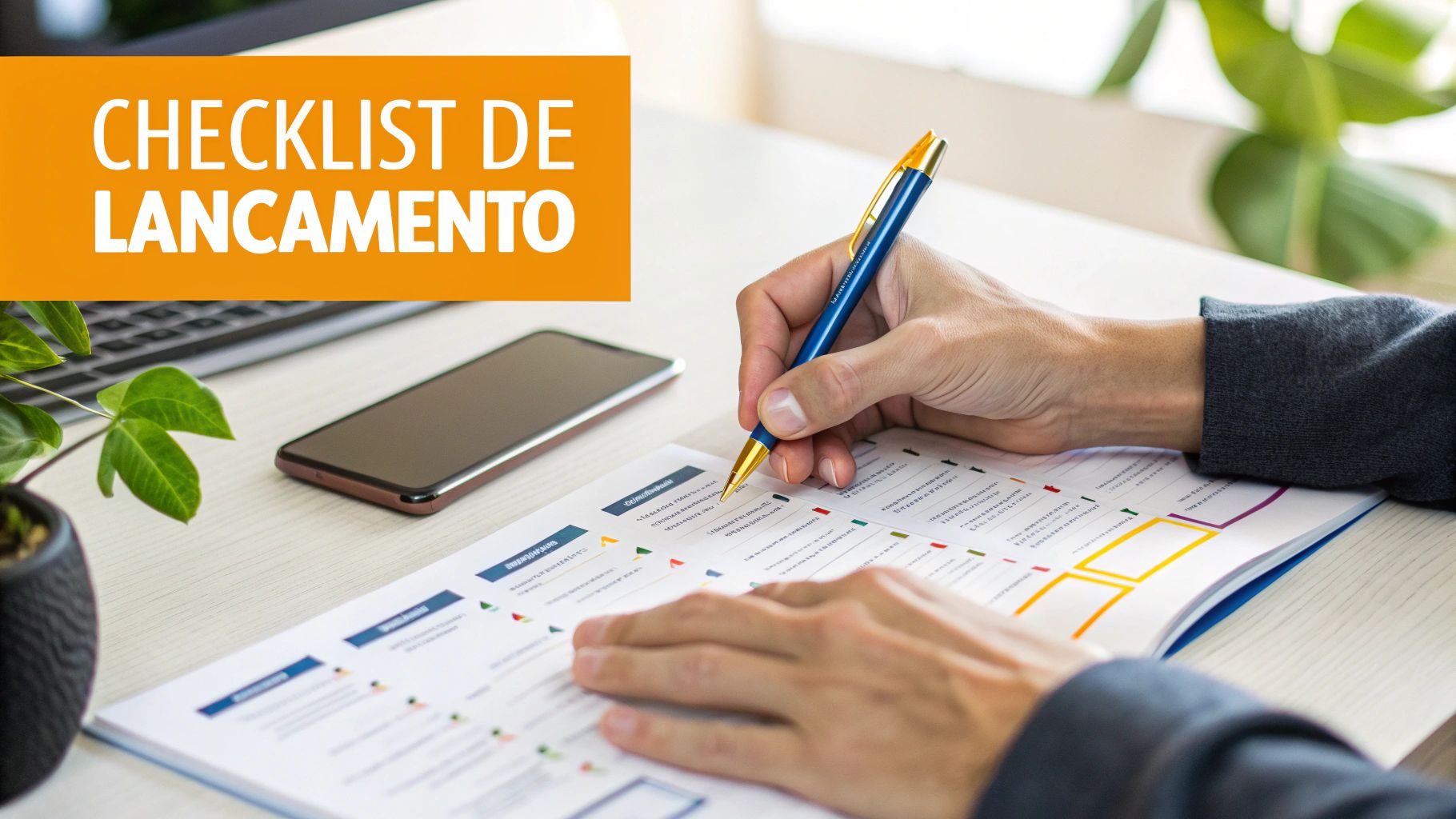Mãos de pessoa preenchendo uma checklist de lançamento em uma mesa com celular e planta.