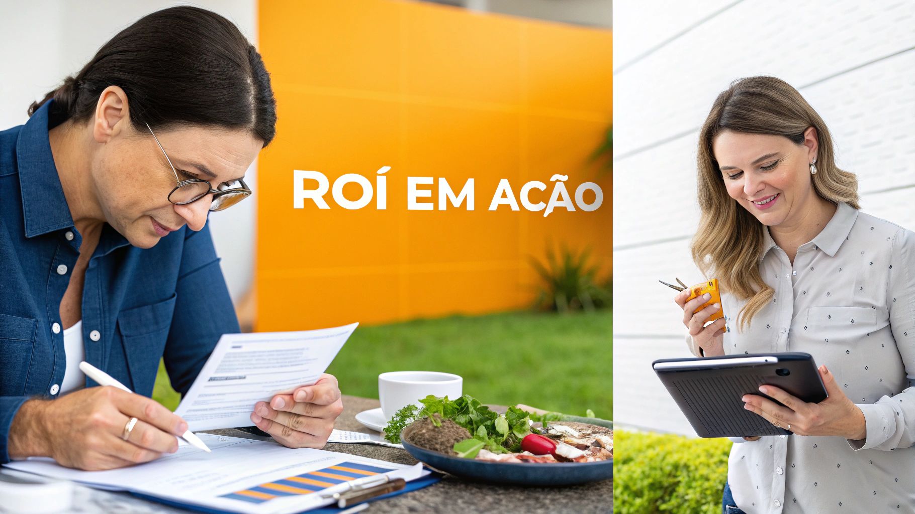 Duas mulheres trabalhando, uma revisando documentos e outra usando um tablet, com o texto 'ROI EM AÇÃO' ao fundo.
