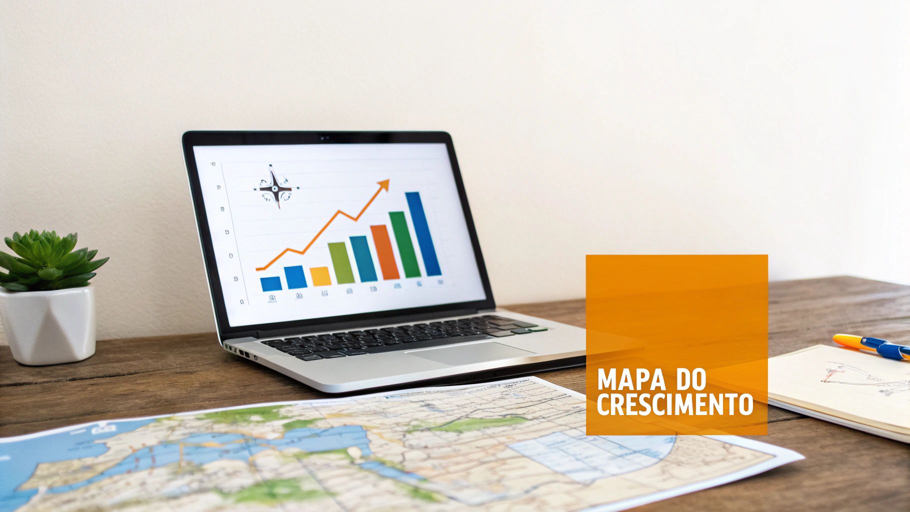 Um laptop exibindo um gráfico de crescimento e uma bússola, junto a um mapa e um caderno em uma mesa de madeira, com a frase 'Mapa do Crescimento'.