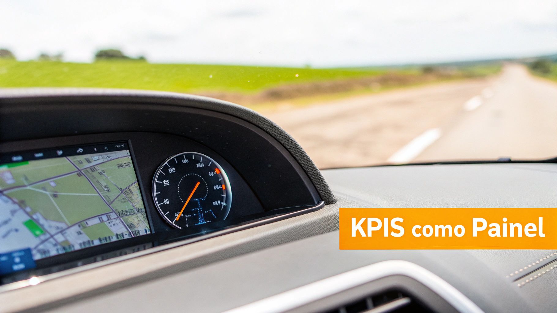 Visão do painel de um carro com tela de GPS e velocímetro, estrada rural ao fundo e texto 'KPIS como Painel'.