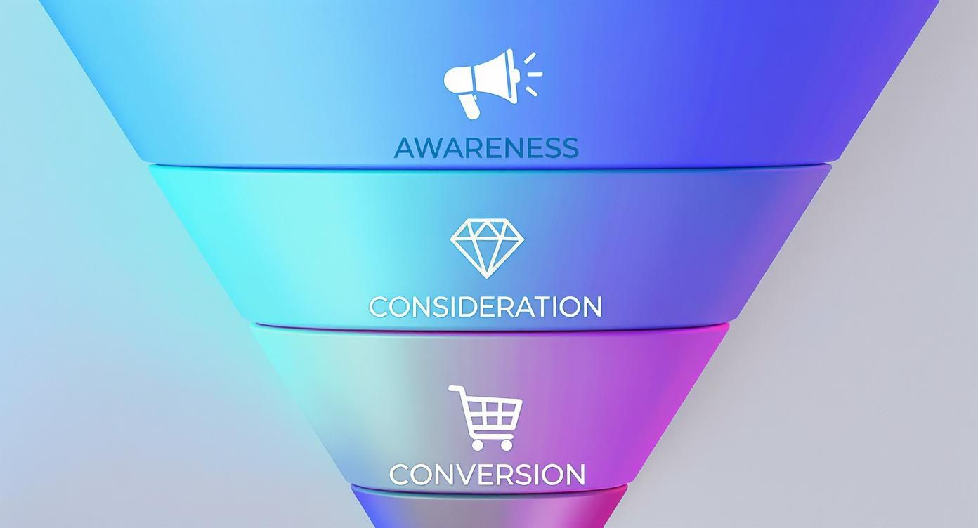 Funil de marketing com etapas de Conscientização, Consideração e Conversão, ilustrado por ícones e cores vibrantes.