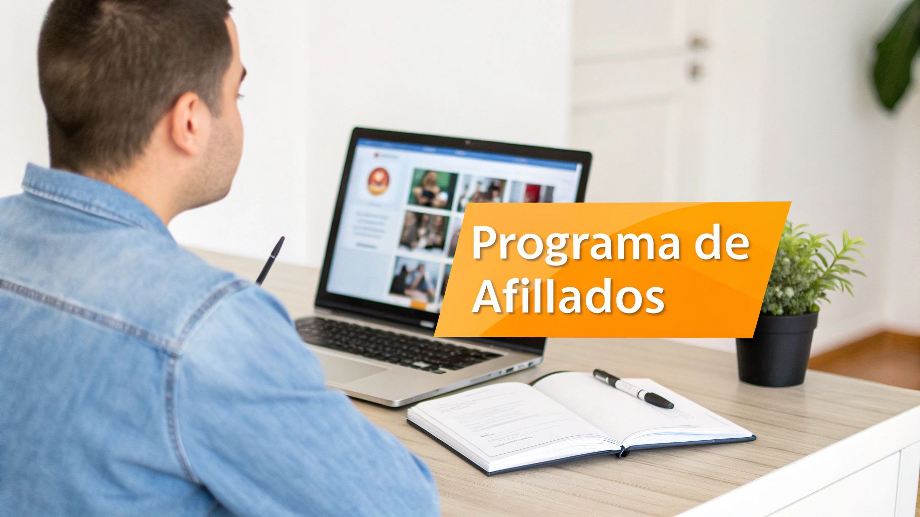 Homem trabalhando em laptop com caderno e planta na mesa, exibindo banner 'Programa de Afiliados'.