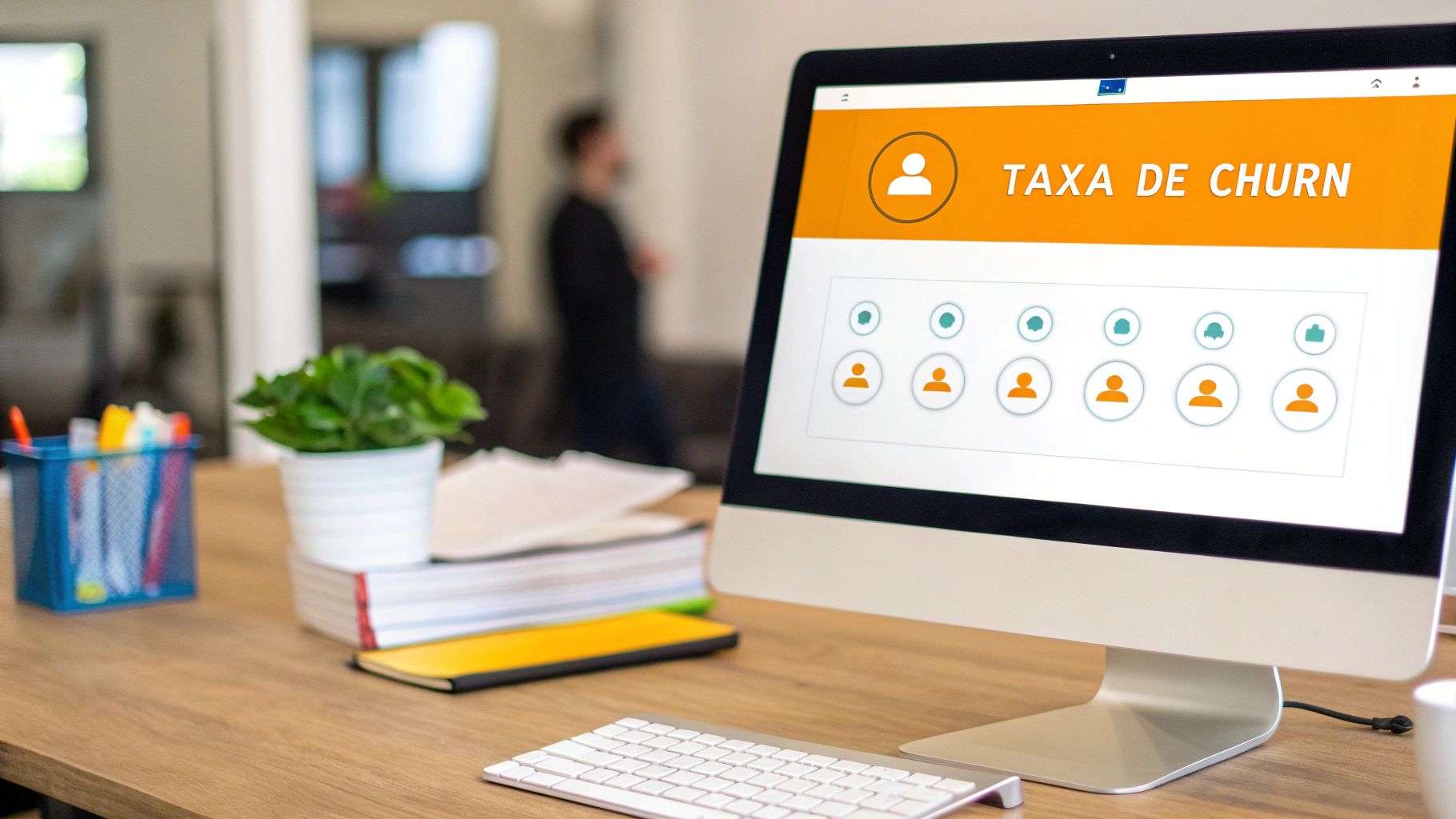 Computador mostrando 'Taxa de Churn' e ícones de usuário, com teclado e suprimentos de escritório na mesa.