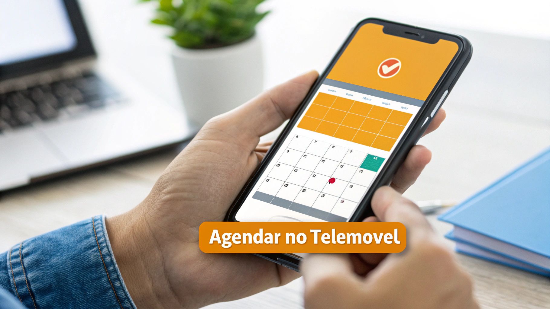 Pessoa agendando compromissos no aplicativo de calendário do smartphone, com texto 'Agendar no Telemóvel'.