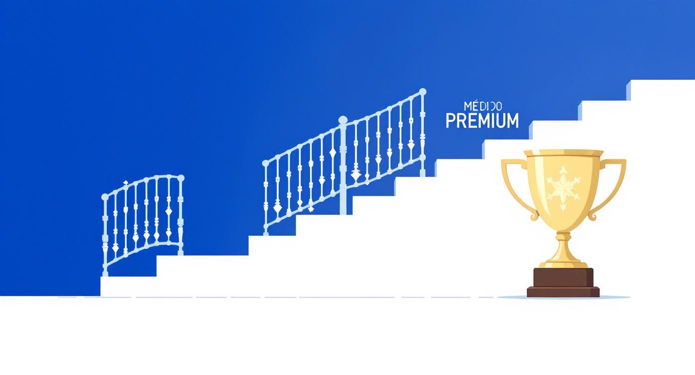 Escadaria branca com corrimãos decorativos leva a um troféu dourado e ao texto 'MÉDIDO PREMIUM', em fundo azul.