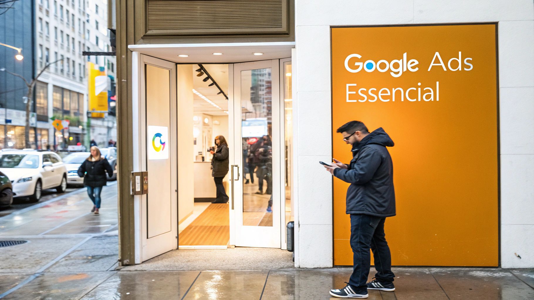Homem usando celular em frente a loja com letreiro Google Ads Essencial na rua movimentada.