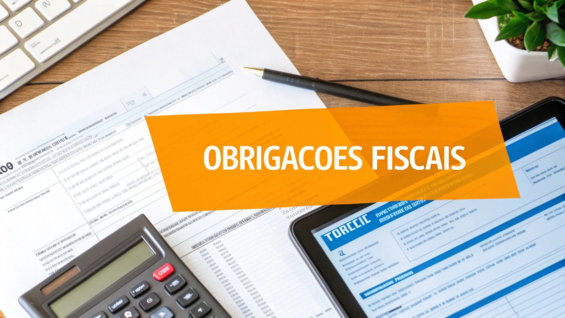 Documentos fiscais, calculadora e tablet em mesa de madeira, com a frase "Obrigações Fiscais".