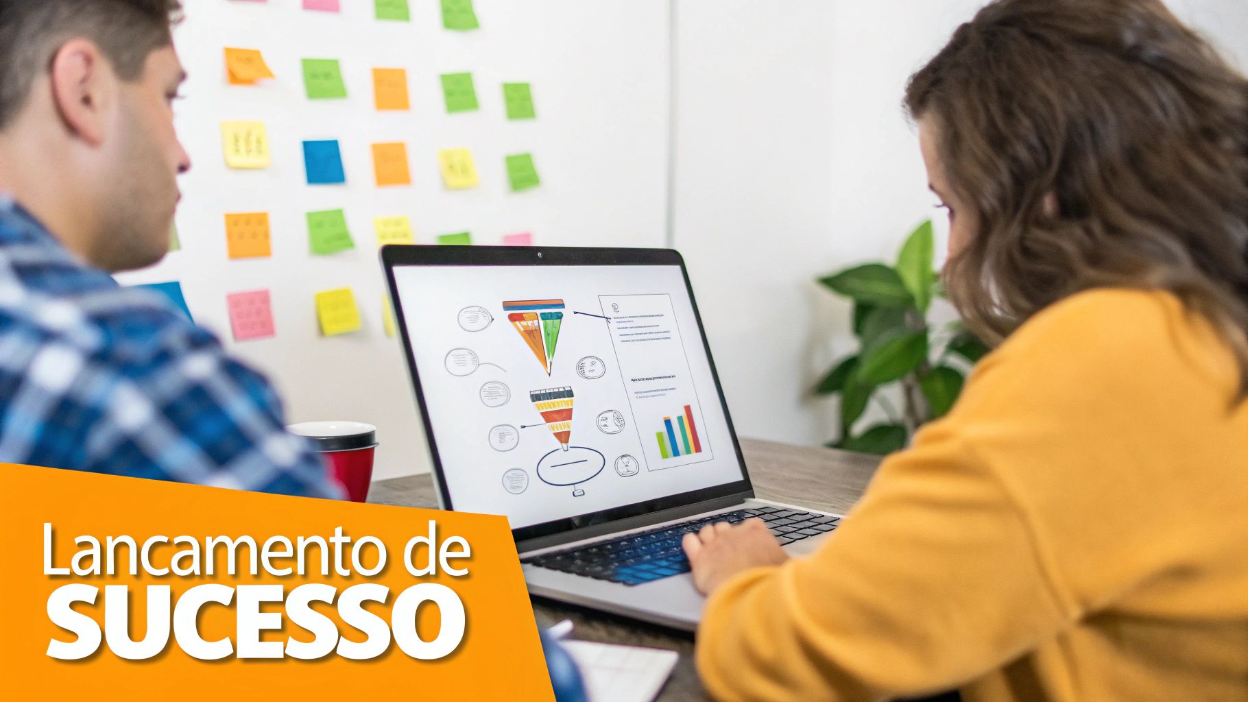 Profissionais analisando funis de vendas e dados de marketing em um laptop, com notas adesivas no quadro branco.