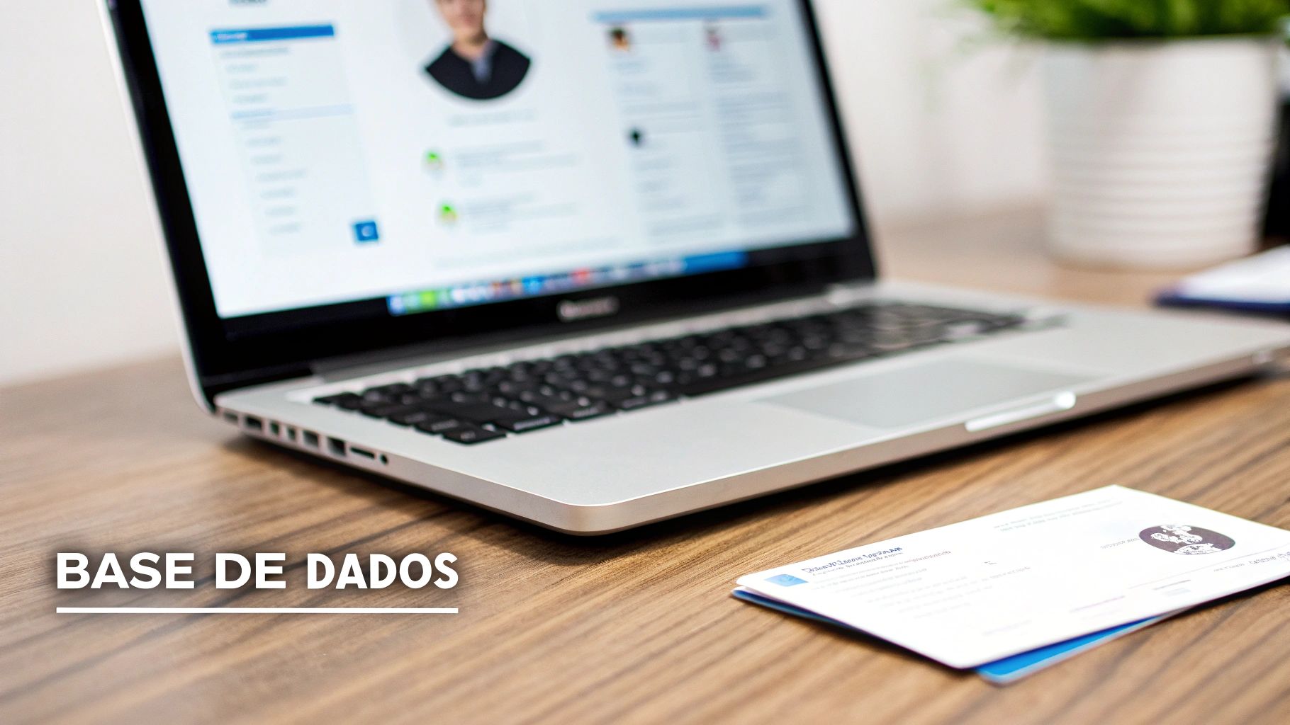 Uma pessoa a organizar cartões de dados digitais num ecrã tátil, ilustrando o conceito de uma base de dados organizada.