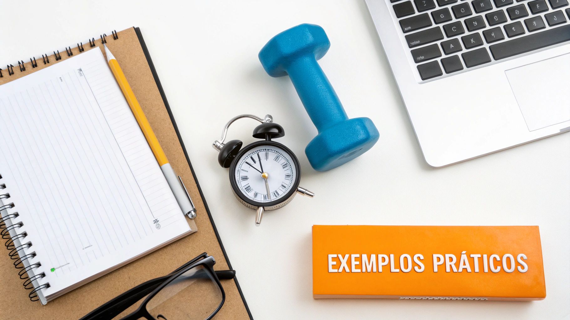 Mesa de trabalho com caderno, lápis, óculos, haltere azul, relógio despertador, laptop e caixa 'Exemplos Práticos'.