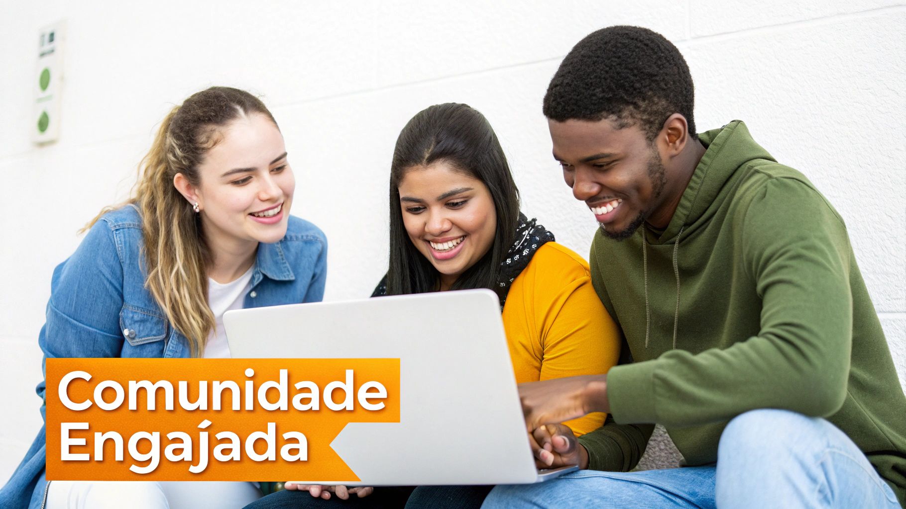 Três jovens, duas mulheres e um homem, sorrindo e olhando para um laptop, simbolizando uma comunidade engajada.