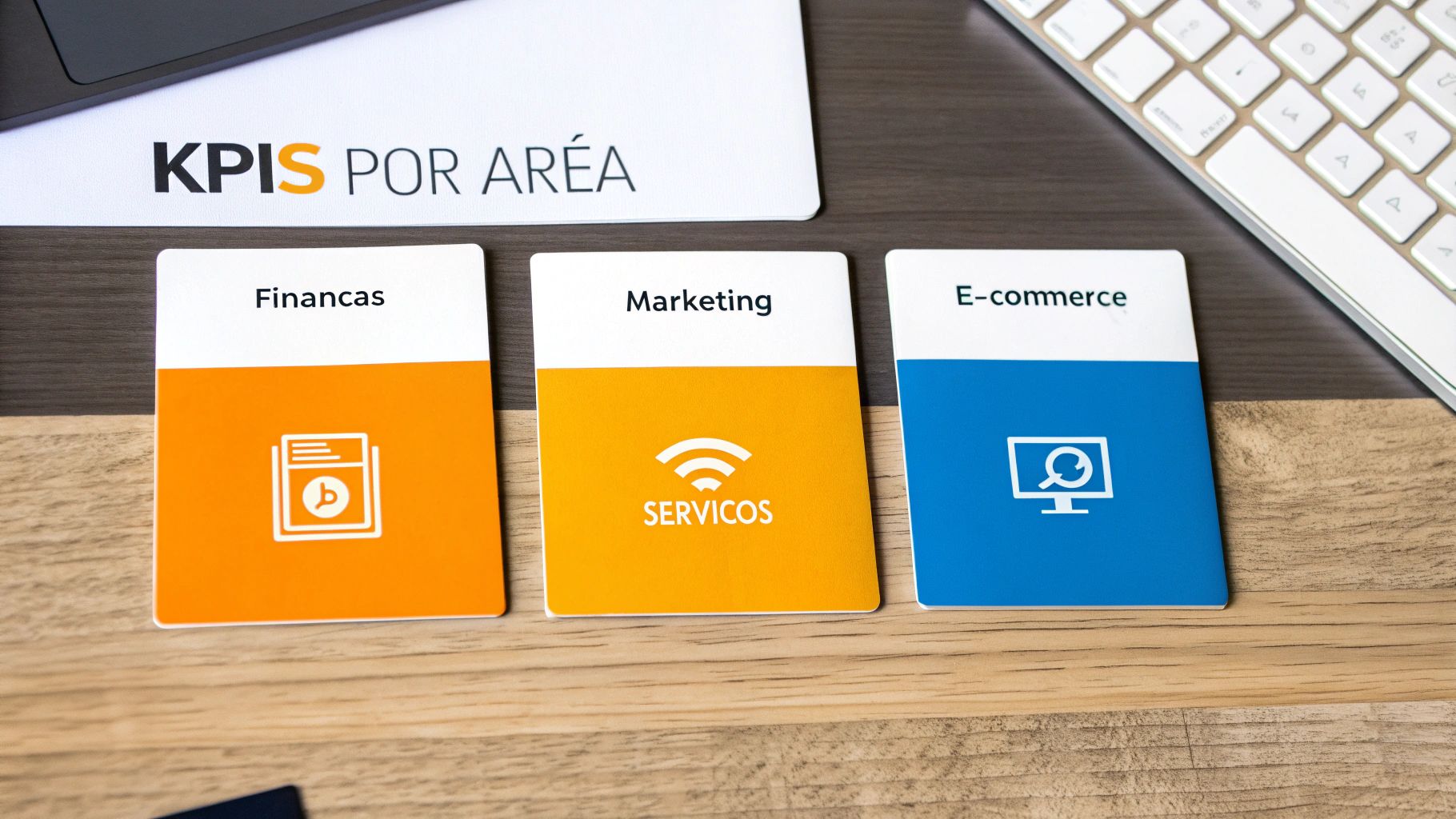 Três cartões coloridos para 'Finanças', 'Marketing' e 'E-commerce' sobre uma mesa de madeira, com um letreiro 'KPIs por Área' ao fundo.