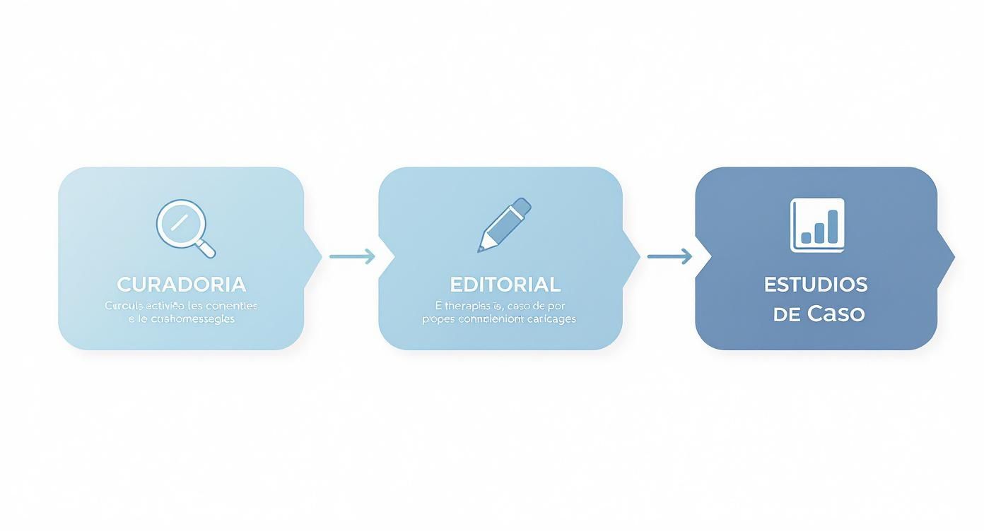 Fluxograma mostrando três etapas: curadoria, editorial e estudos de caso para processo de newsletter