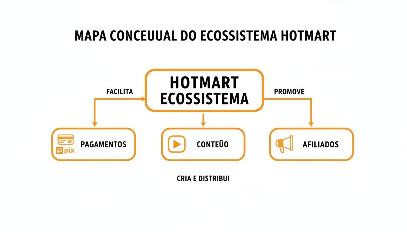 Mapa conceitual do Ecossistema Hotmart destacando suas funções: pagamentos, conteúdo e afiliados.