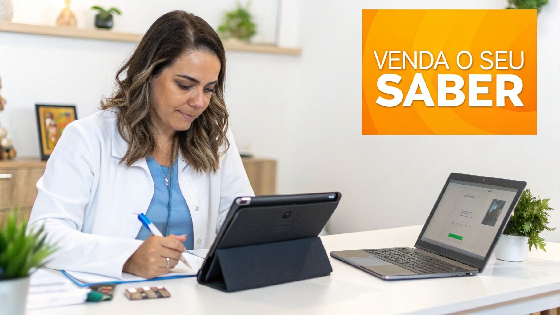 Mulher profissional em jaleco branco usando tablet, com laptop e banner 'Venda o seu Saber'.