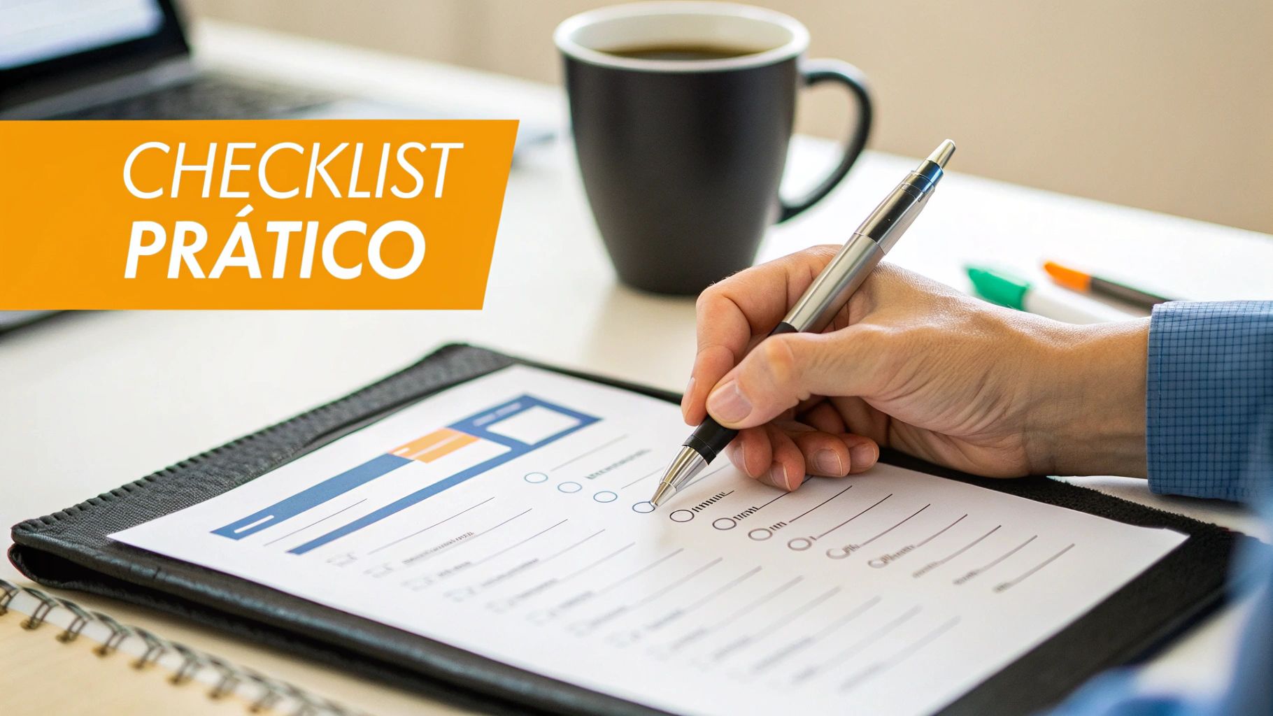 Mão preenchendo um checklist prático em uma mesa, com caneca de café e laptop ao fundo.