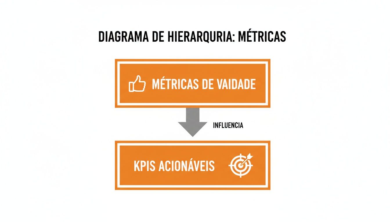 Diagrama de hierarquia mostrando Métricas de Vaidade influenciando KPIs Acionáveis com setas.