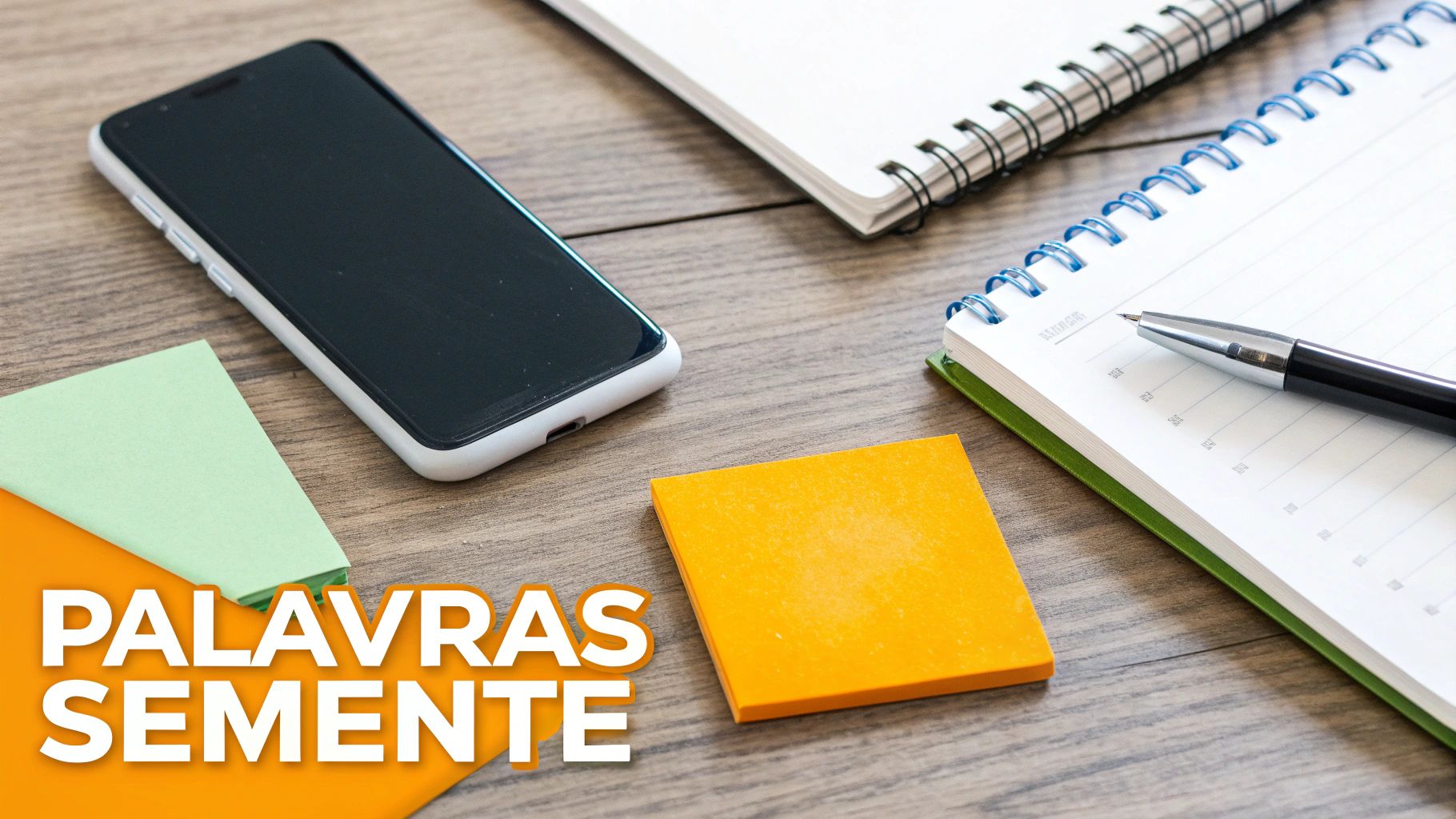 Mesa de trabalho com smartphone, cadernos, caneta e post-its coloridos. Ideal para organização e produtividade.