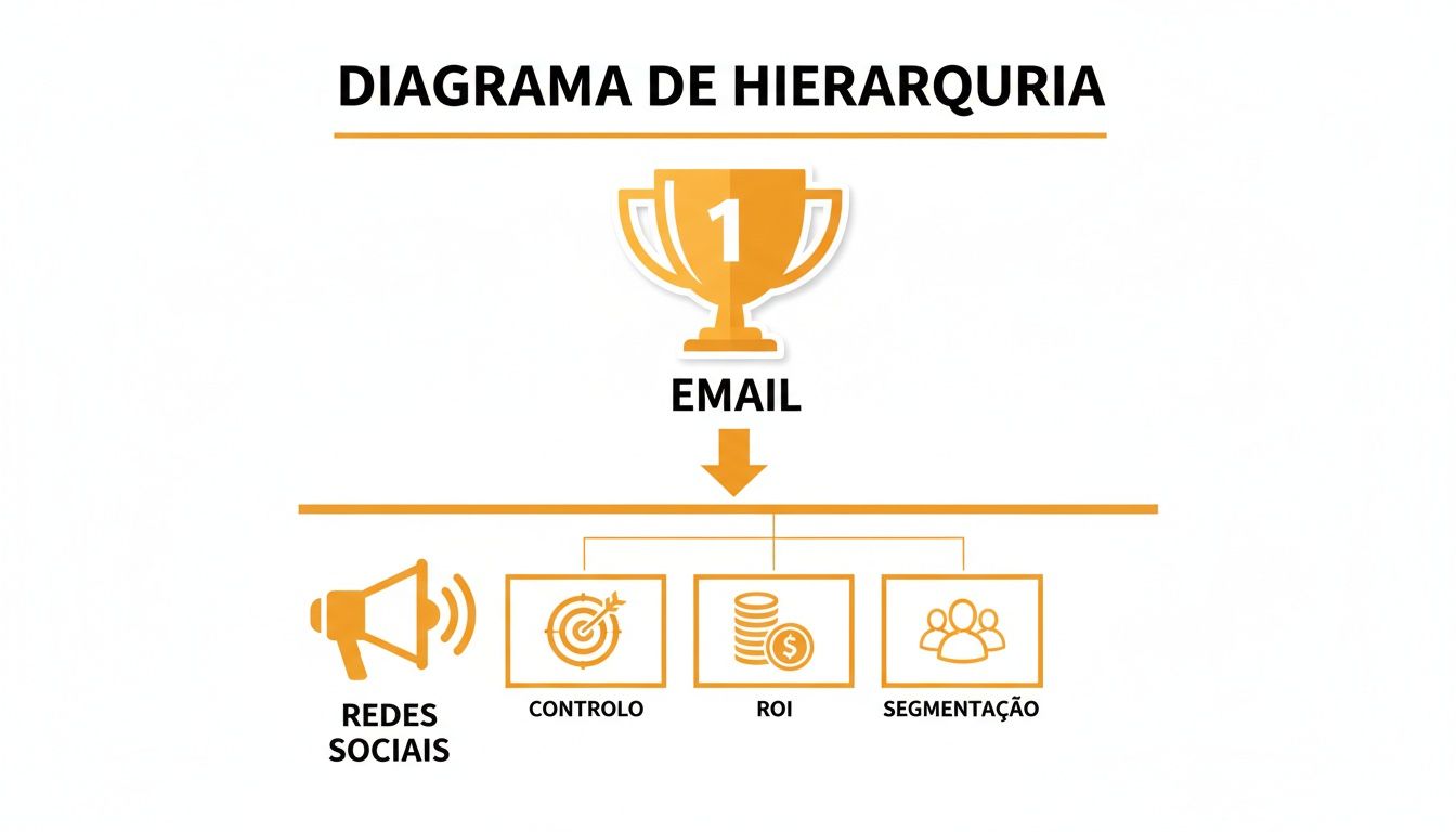 Diagrama de hierarquia de marketing com e-mail no topo, seguido por redes sociais, controle, ROI e segmentação.