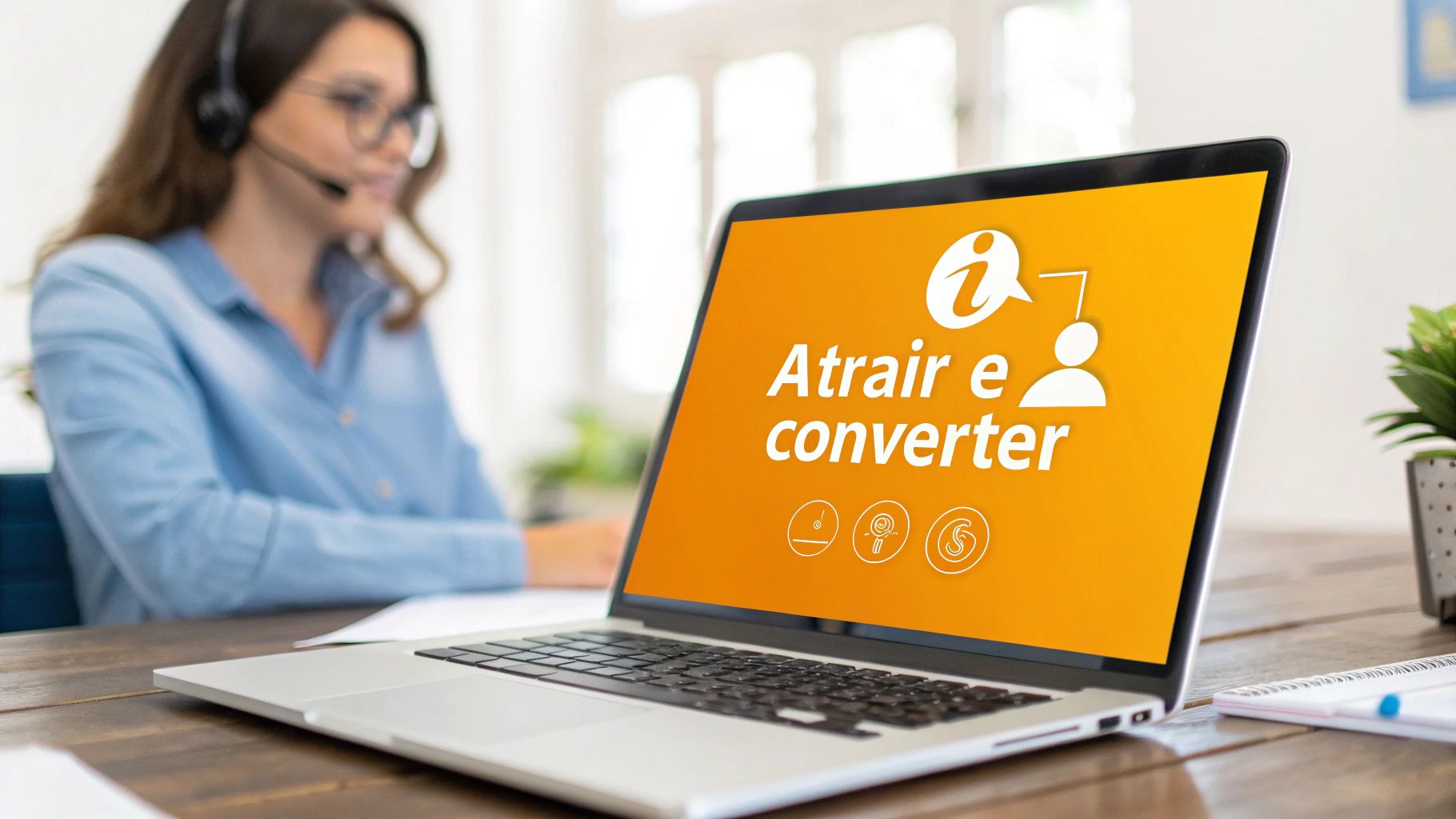 Profissional com headset em videochamada apresentando estratégias para atrair e converter clientes em laptop