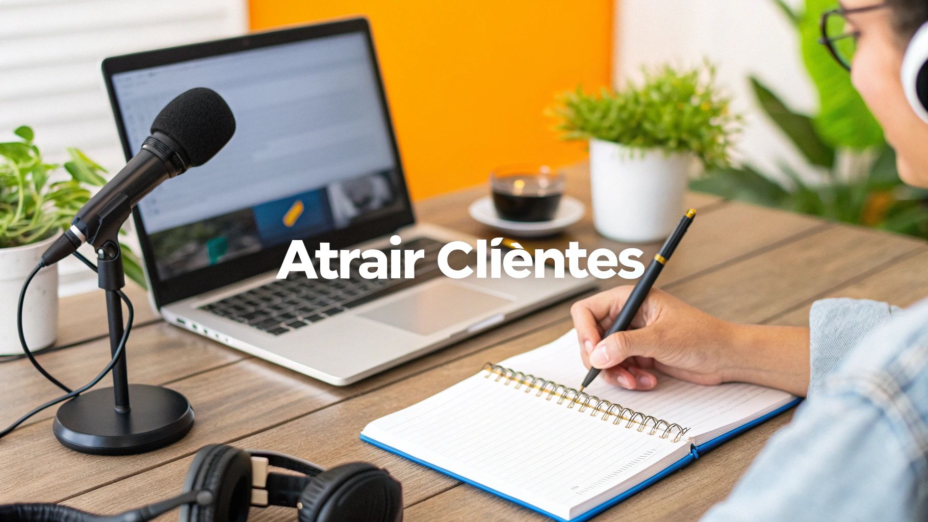 Pessoa com fones de ouvido escrevendo em um caderno, com laptop, microfone e café em uma mesa de madeira. Texto: Atrair Clientes.