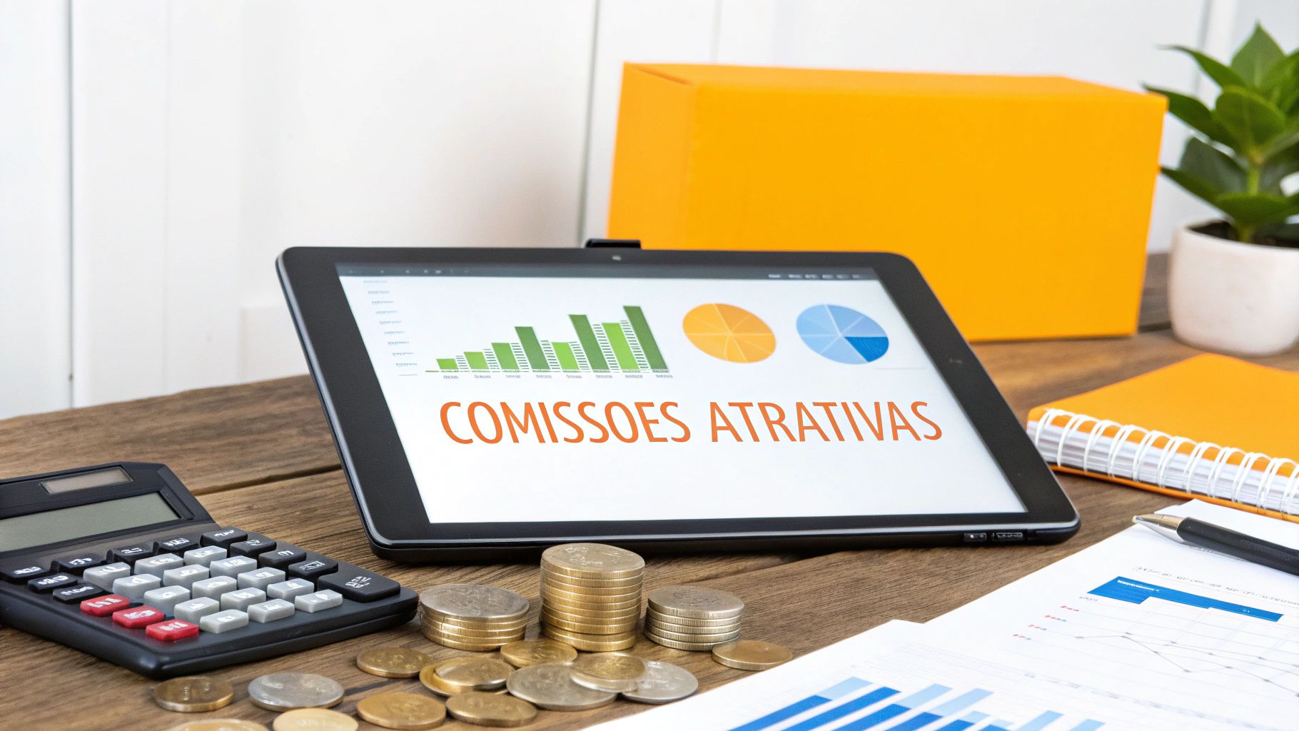 Tablet exibindo gráficos e a frase 'Comissões Atrativas', junto com calculadora, moedas e documentos financeiros em mesa de madeira.